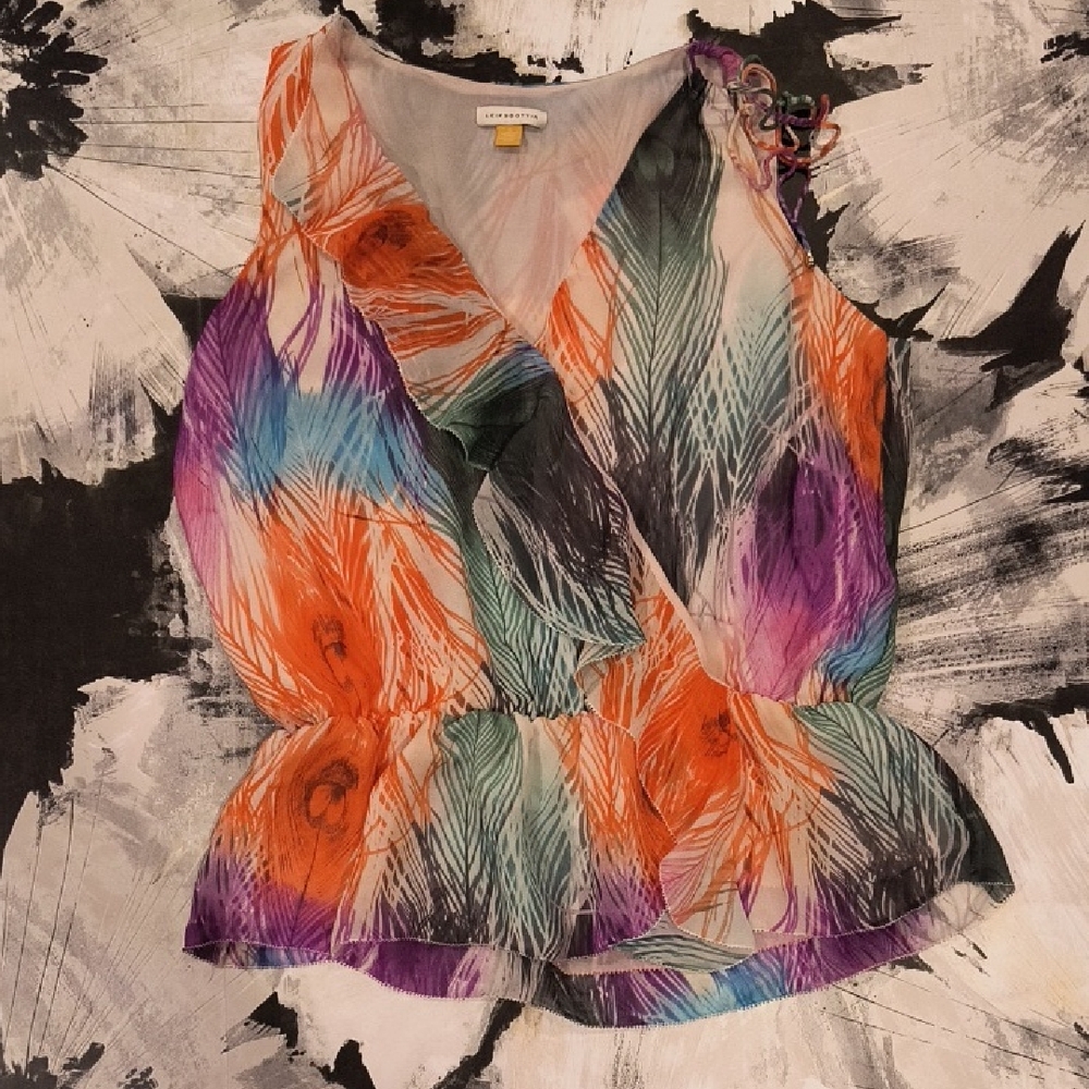 Leifsdottir Anthropologie Multicolor Feather Print Ruffle Sleeveless Blouse